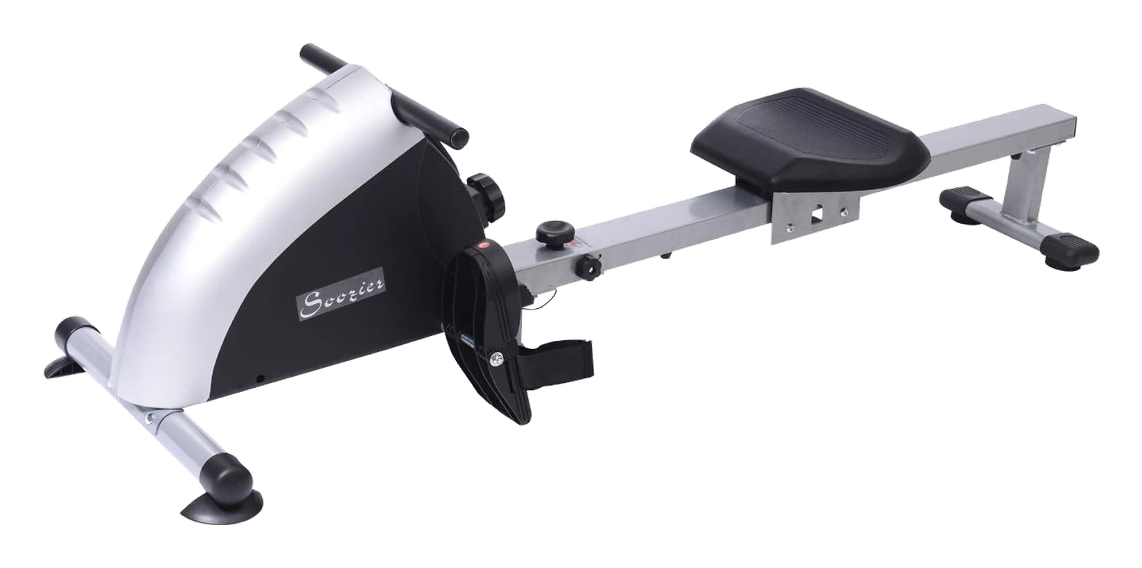 Soozier magnetic folding rowing machine with silver flywheel housing and padded seat