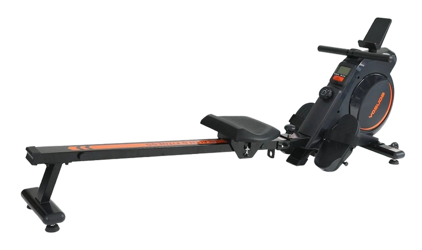 YOSUDA magnetic rowing machine with orange flywheel accent and folding aluminum rail