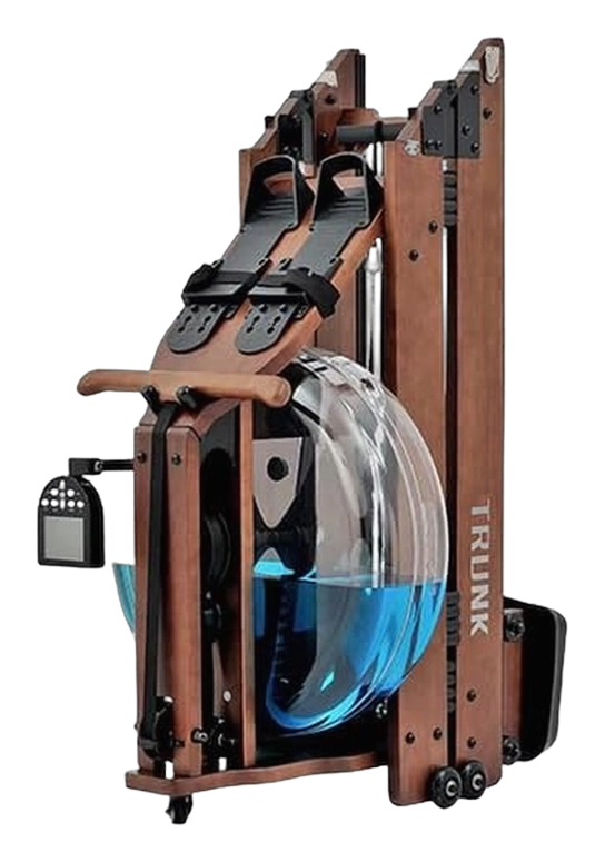 TRUNK wood-frame water rowing machine shown extended and folded upright