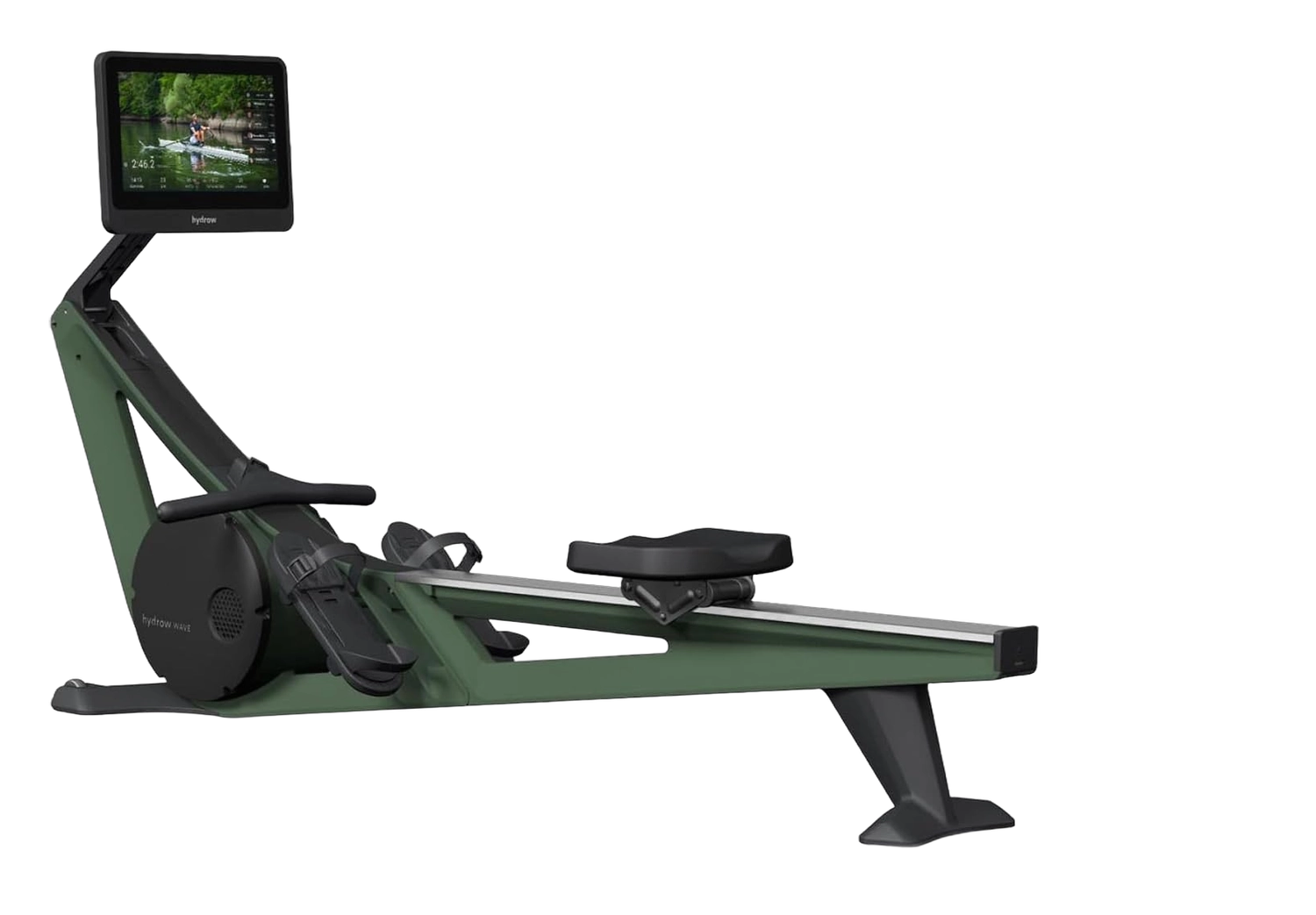 Hydrow Wave rowing machine in olive green with a tilted monitor and sliding seat on a rail
