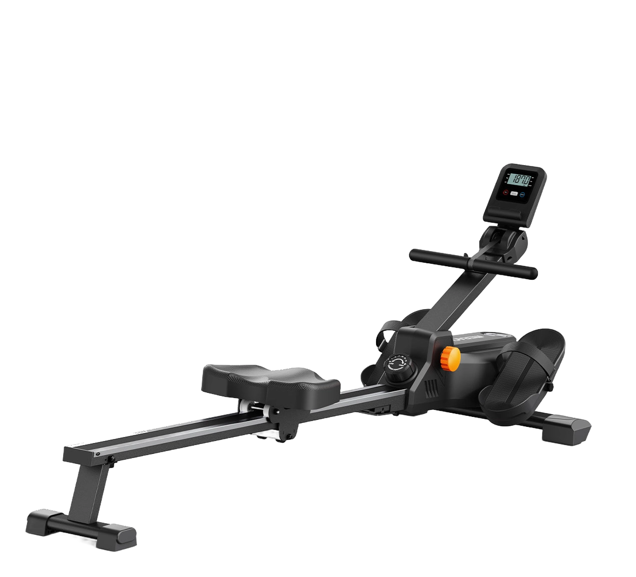MERACH R25 foldable rowing machine with black steel frame and folding aluminum rail