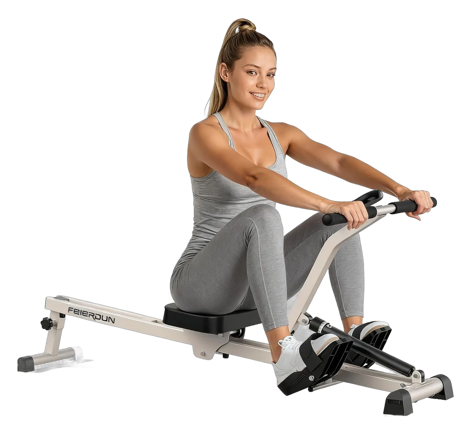 Woman using a FEIERDUN hydraulic rowing machine with a padded seat and pull handles