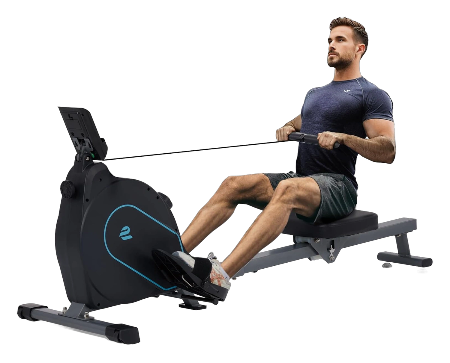 Man exercising on a black foldable magnetic rowing machine with LCD monitor