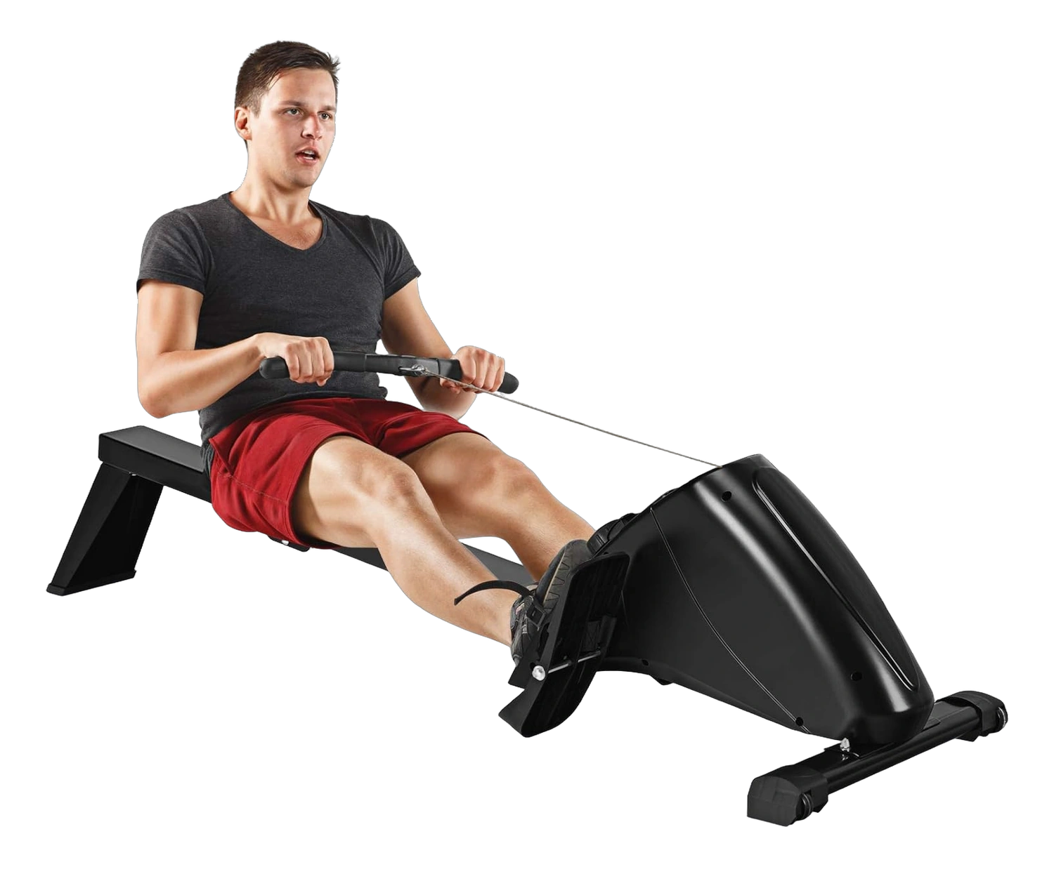 Man rowing on a compact black SPORFIT folding rowing machine indoors