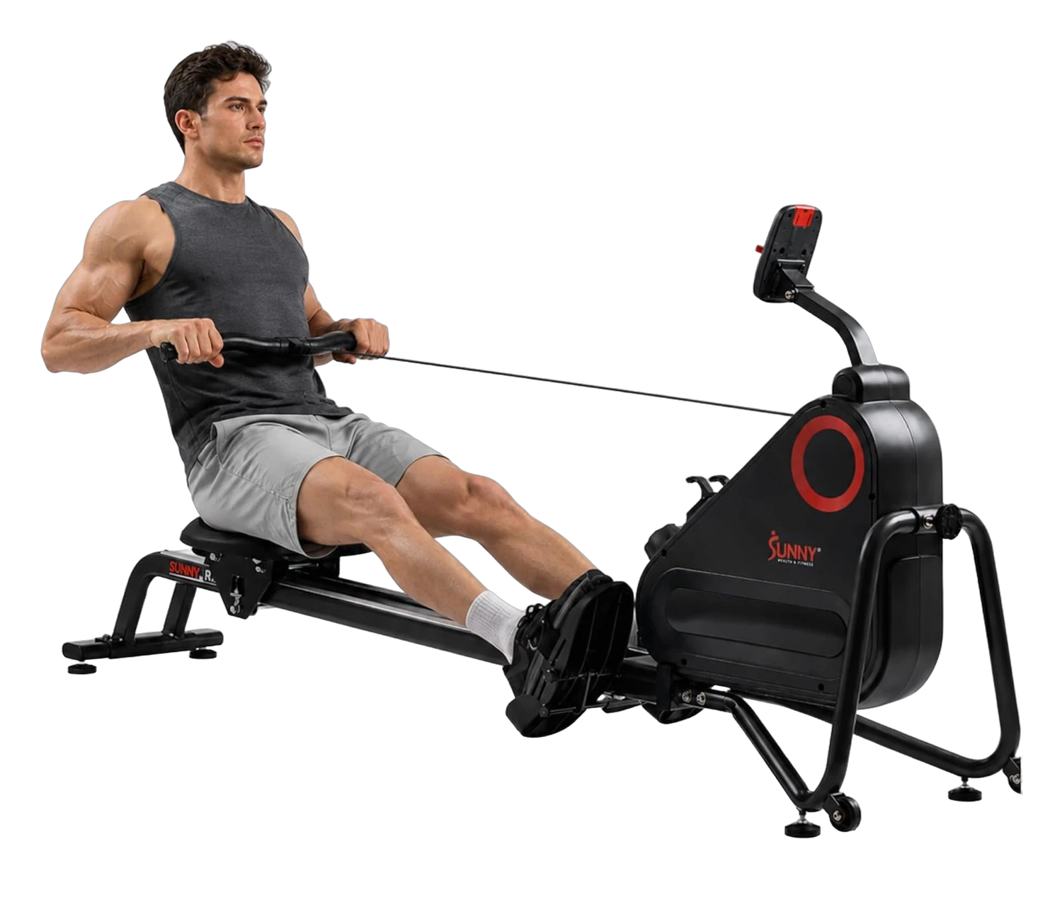 Man rowing on a black Sunny Health & Fitness rowing machine with a digital monitor