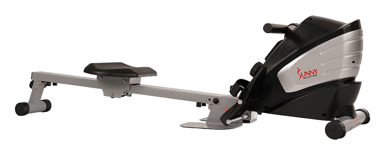 Silver and black Sunny Health and Fitness rowing machine viewed from the side