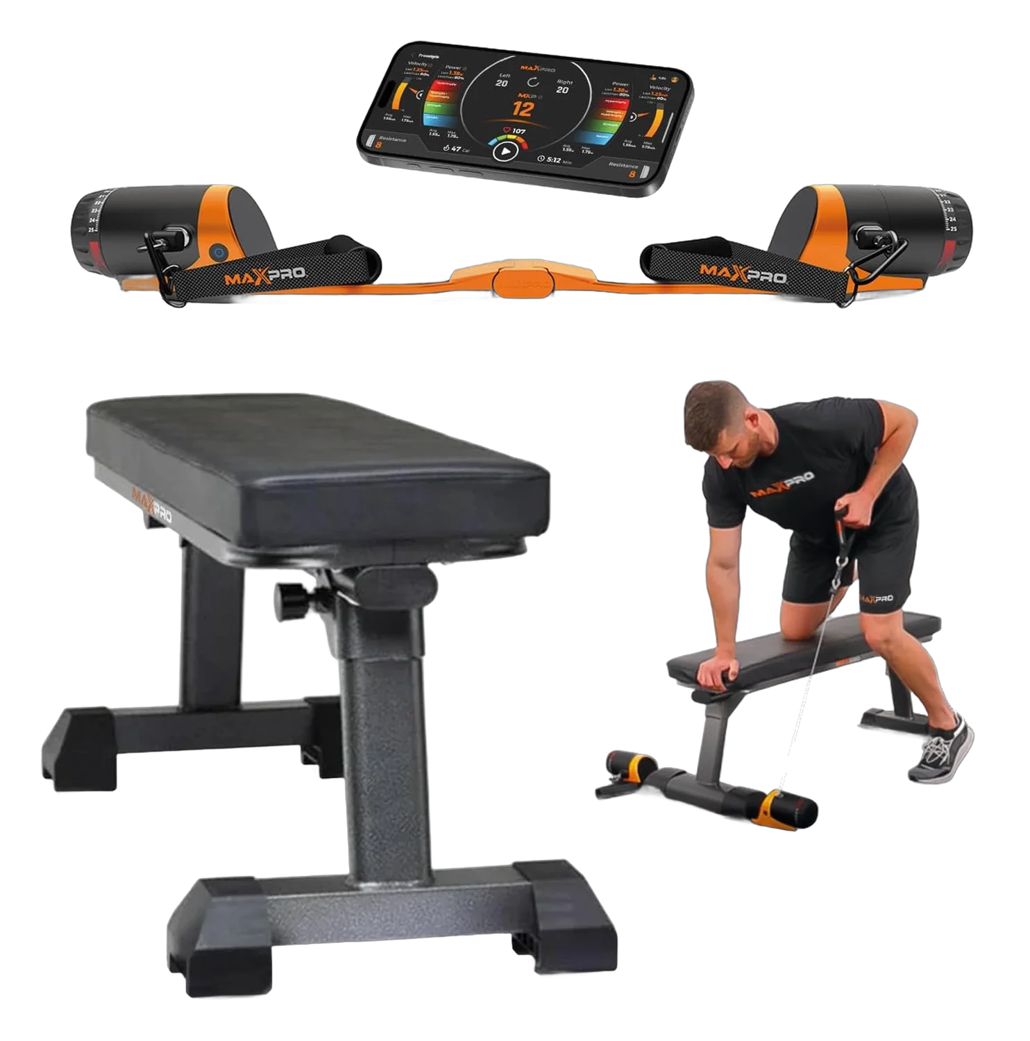 MaxPro smart cable home gym bench with resistance handles and companion workout app
