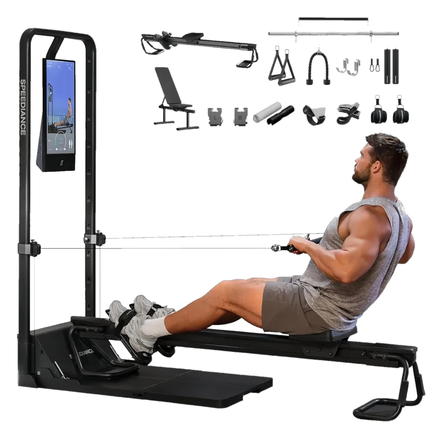 Speediance Gym Monster 2 compact smart gym tower with cable pulley system and touchscreen console