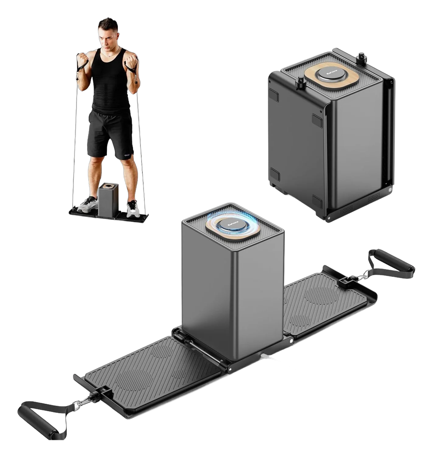 SR3 smart home gym cube unit on a folding platform with overhead resistance bands