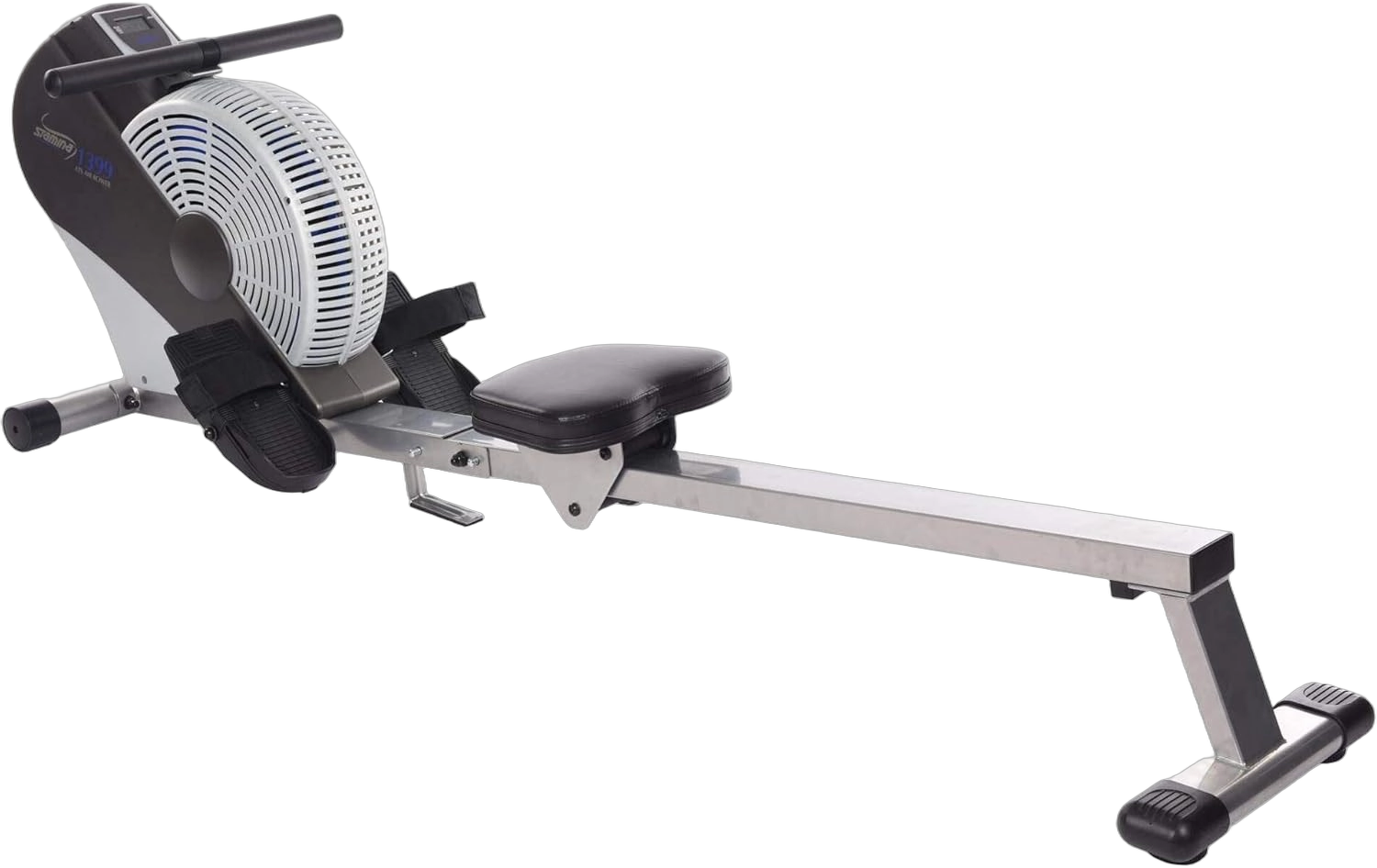 Stamina ATS Air Rower with a metal rail, padded seat, and enclosed air flywheel
