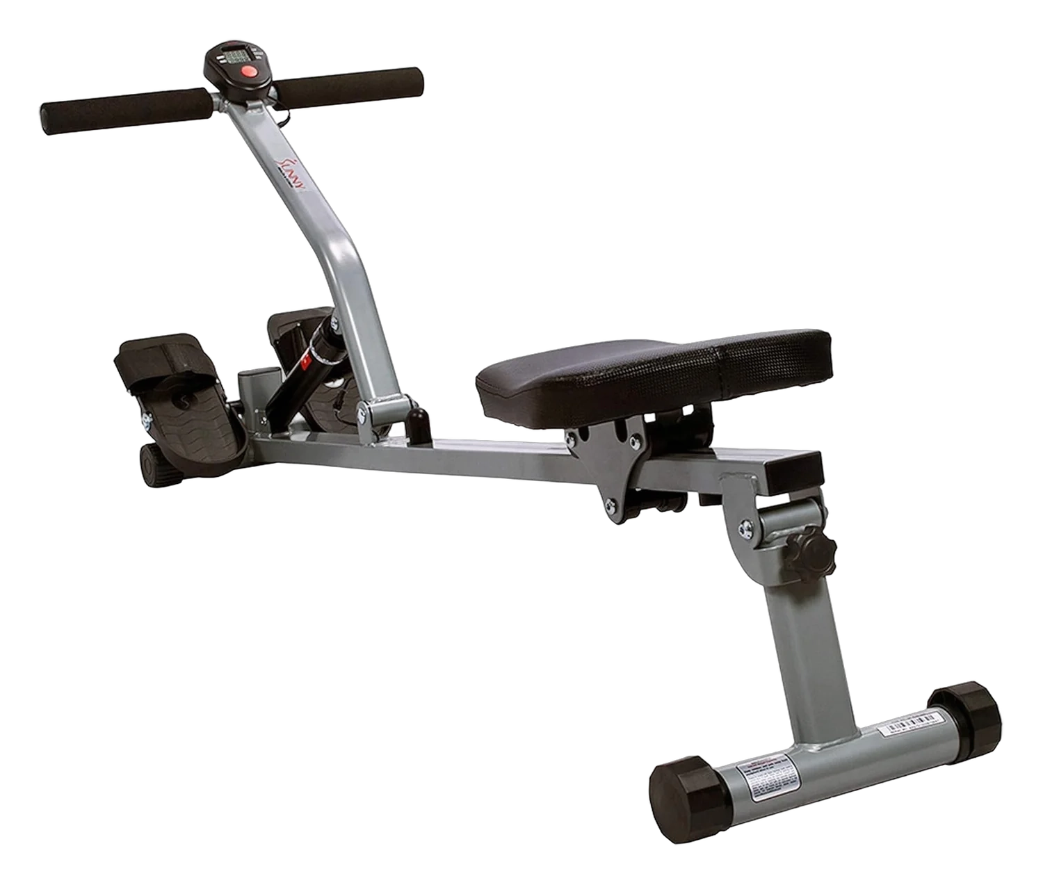 Silver frame rowing machine with black padded seat, footrests, and LCD monitor