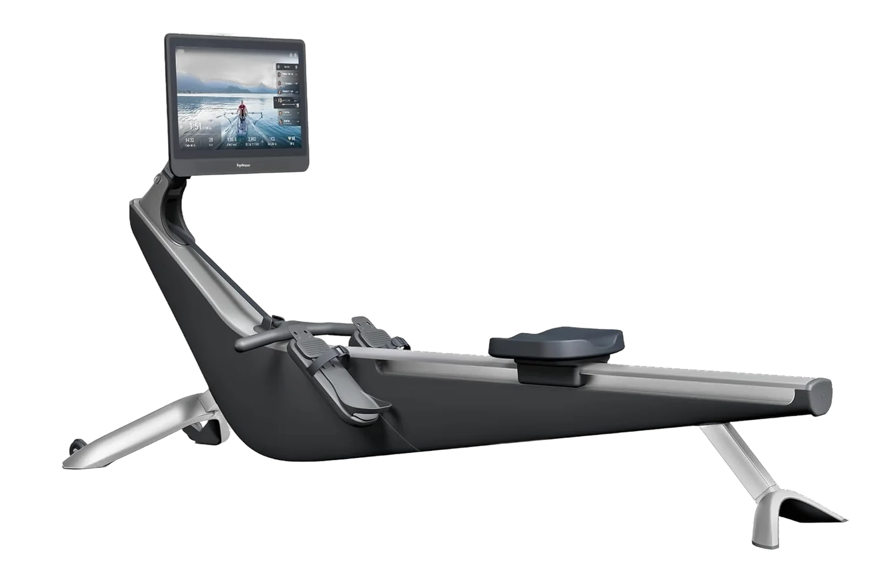 Hydrow Origin rowing machine with tilted monitor, sliding seat, and foot straps