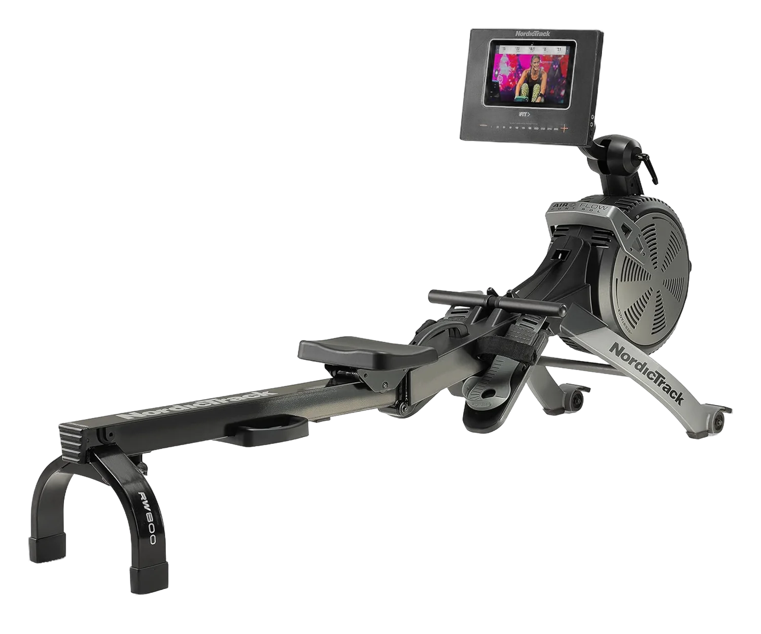NordicTrack rowing machine with iFIT touchscreen console, black frame, and padded seat