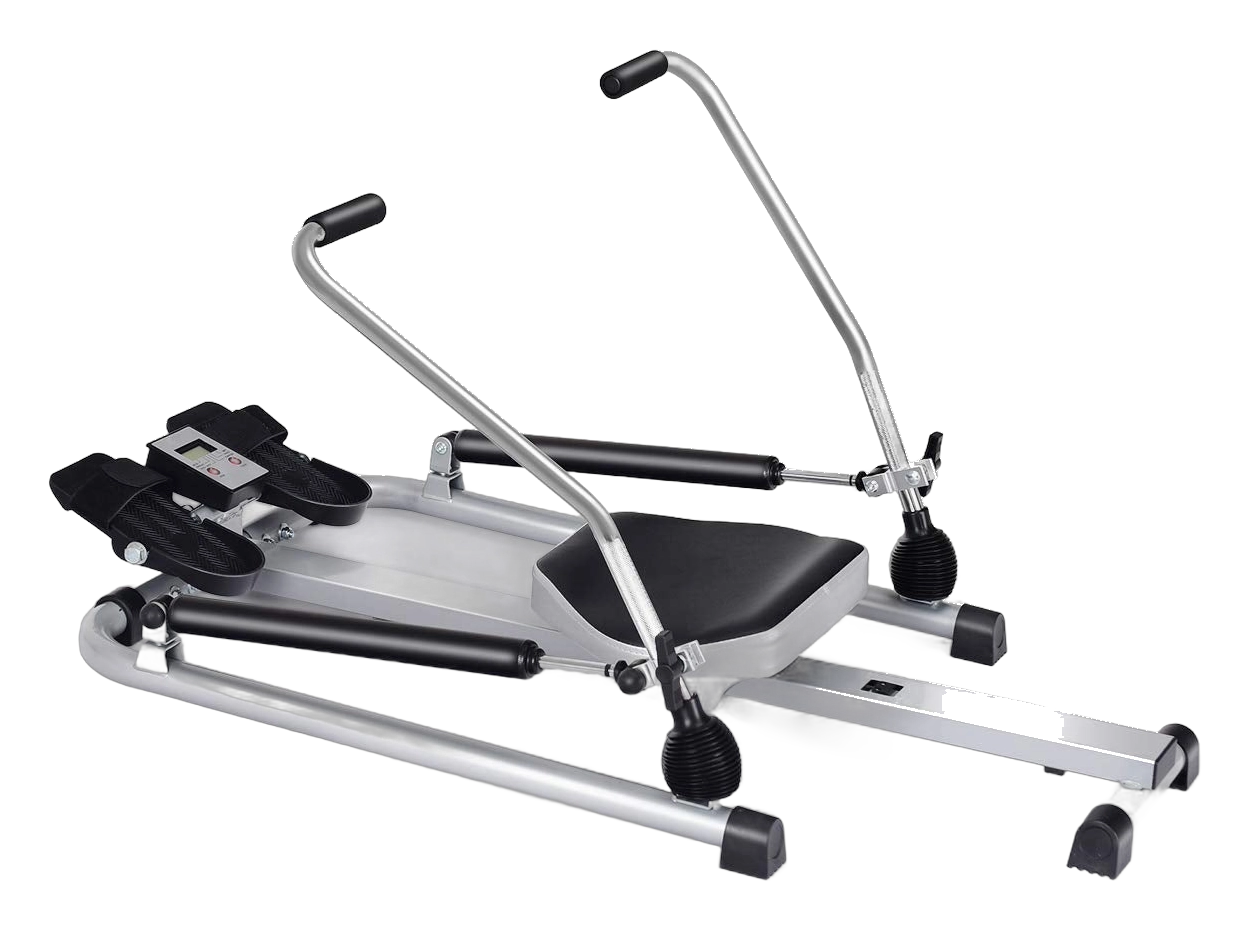 SPORFIT rowing machine with a sliding rail, padded seat, foot pedals, and adjustable handlebars