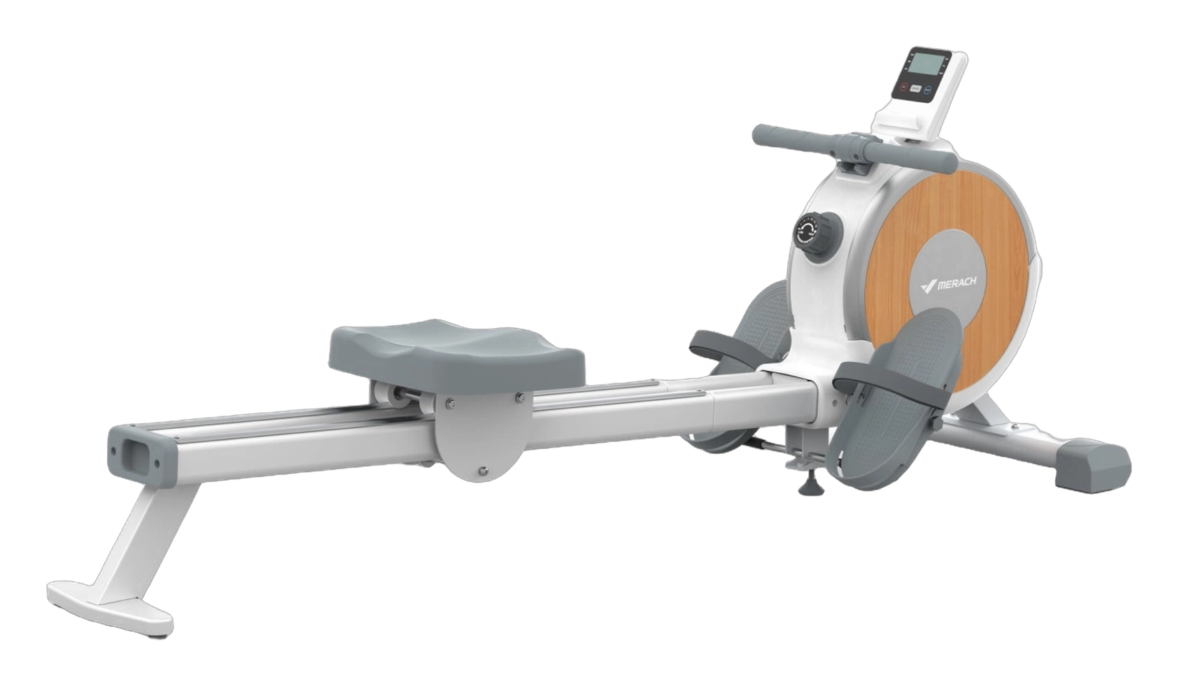 MERACH rowing machine with a maroon flywheel and silver frame