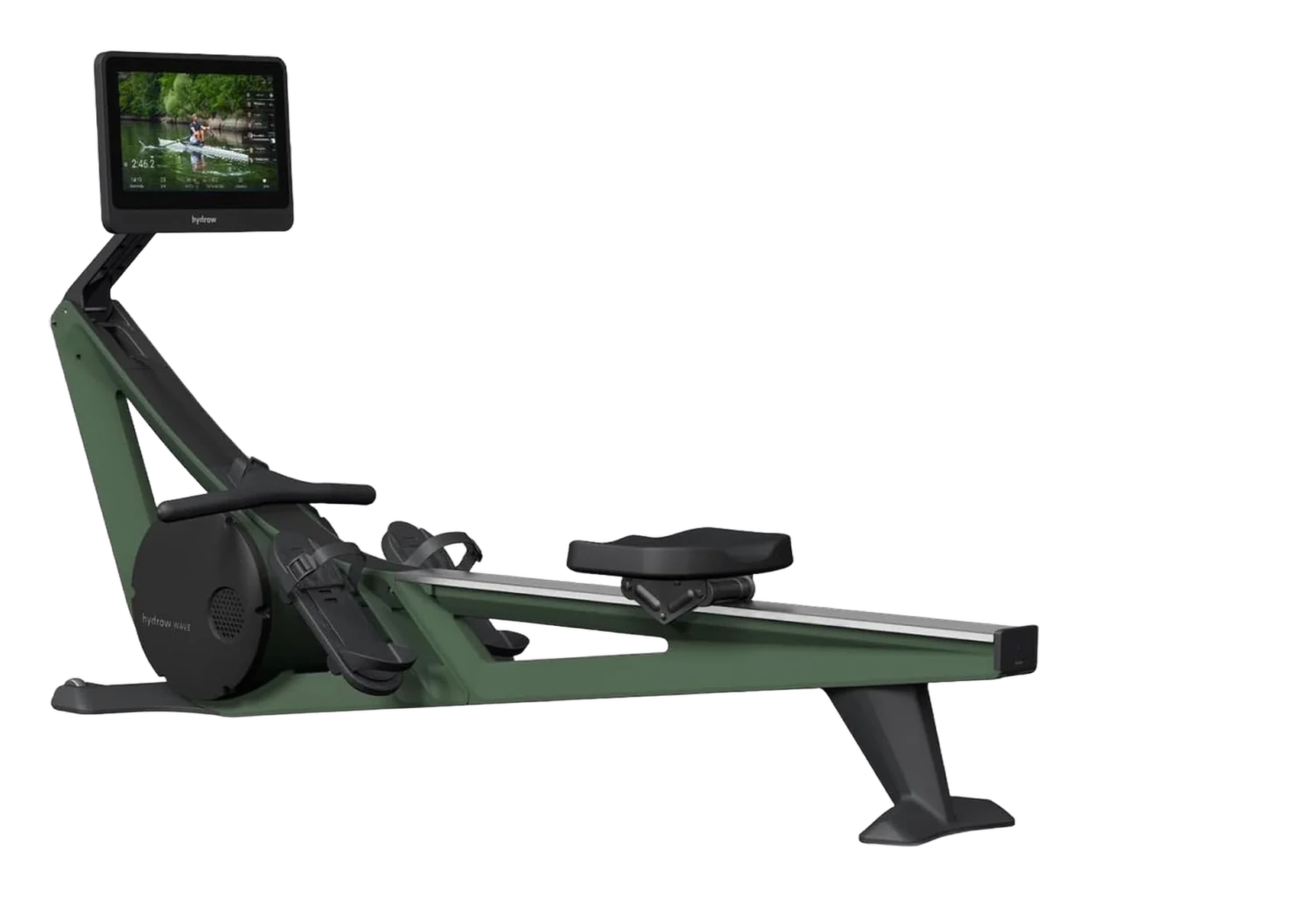 Green Hydrow Wave rowing machine with monorail frame, foot pedals, and angled display screen
