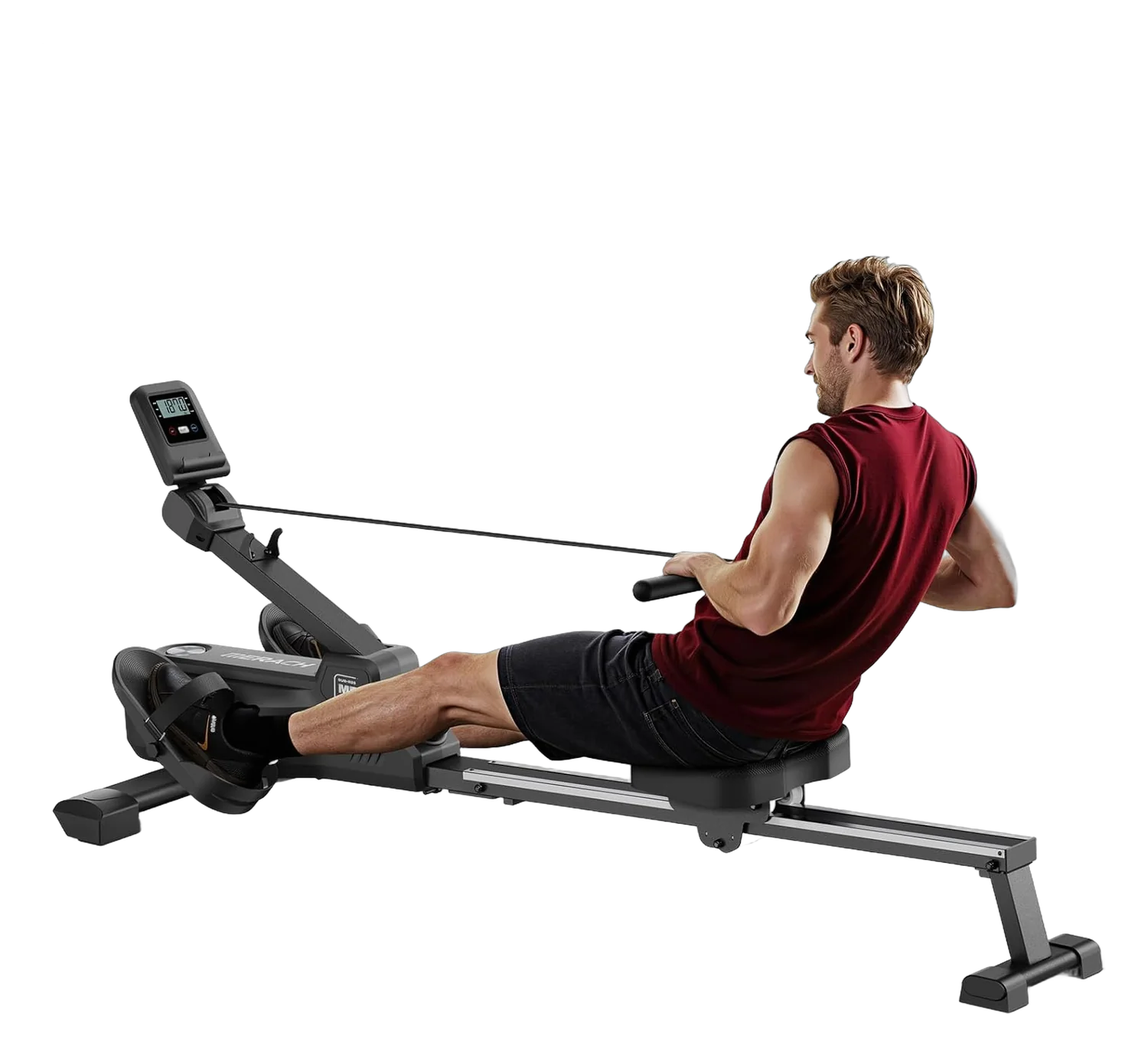 Man using a MERACH rowing machine with a wall-mounted screen playing a scenic video