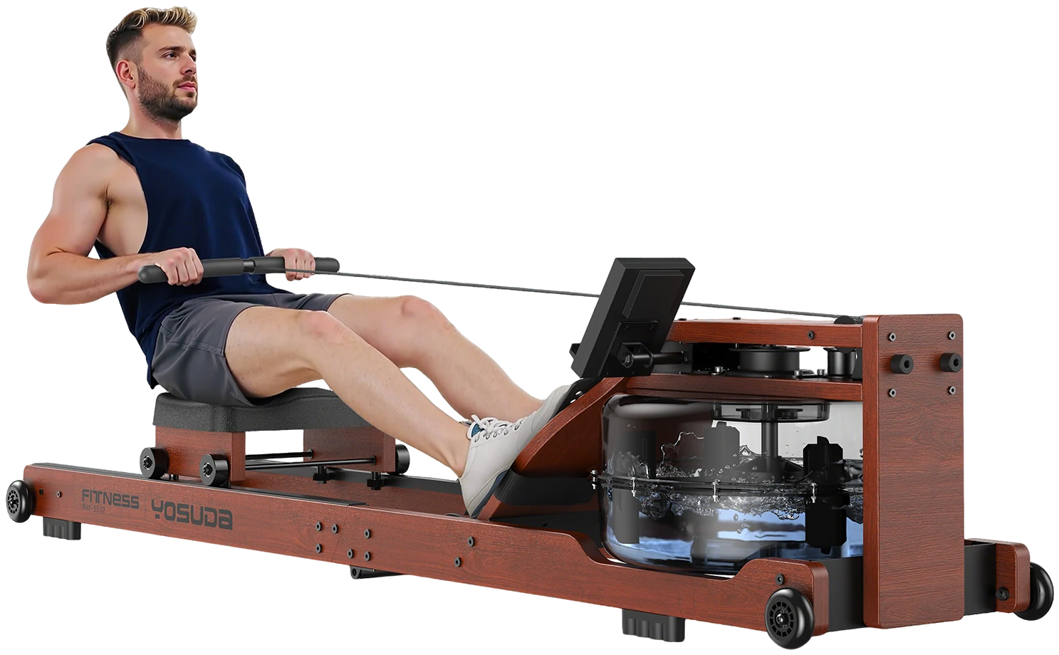 Man rowing on a YOSUDA water rowing machine with a dark wood-toned frame