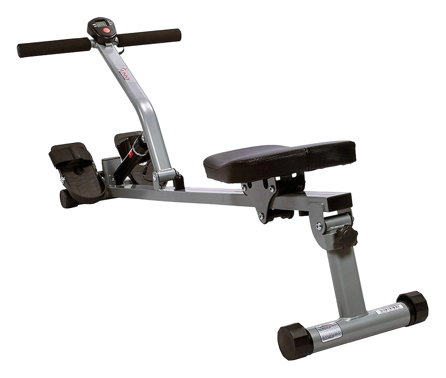 Silver-frame hydraulic rowing machine with padded seat, foot straps, and digital monitor