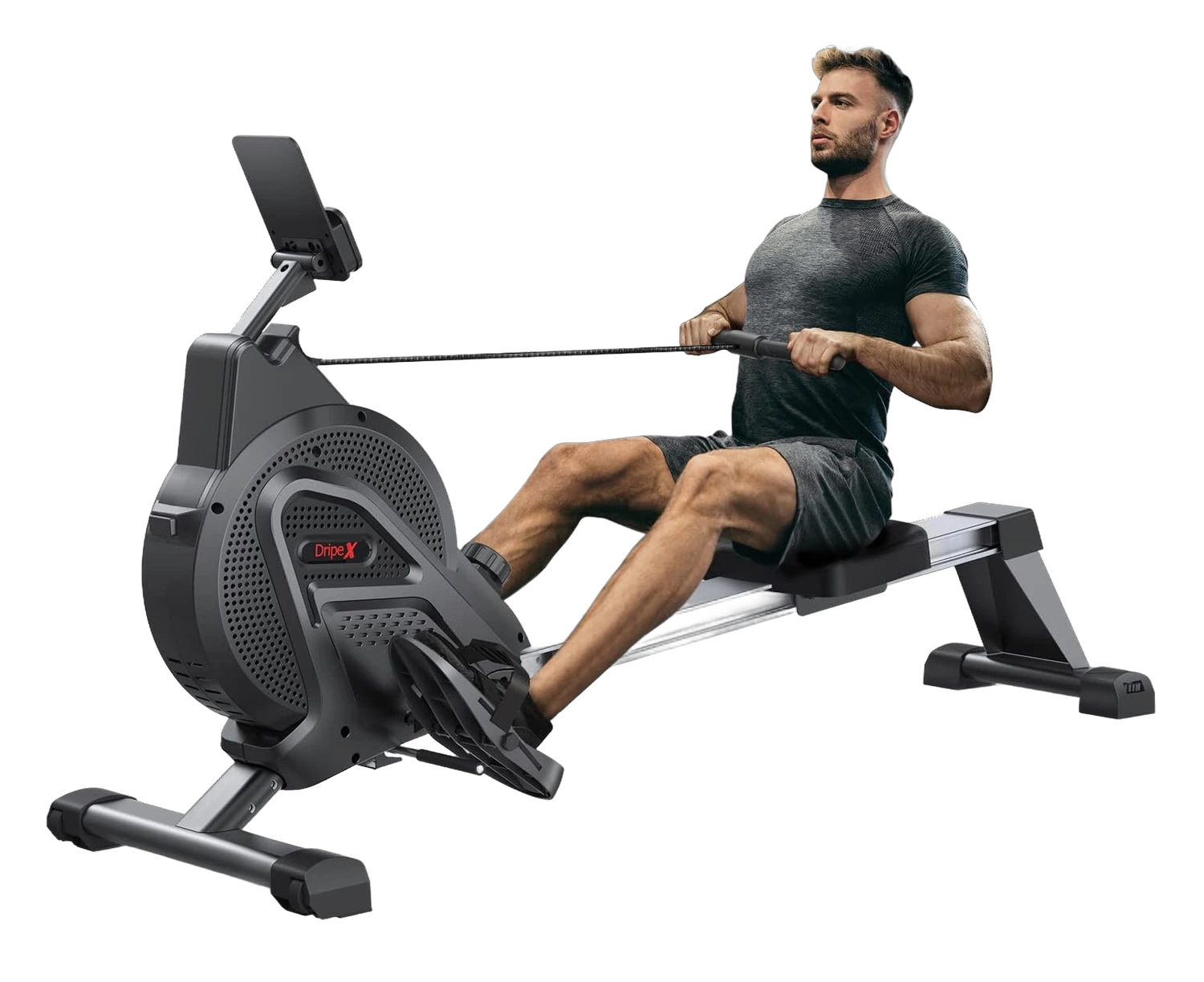 Man using a black Dripex magnetic rowing machine with monitor mount and sliding seat rail