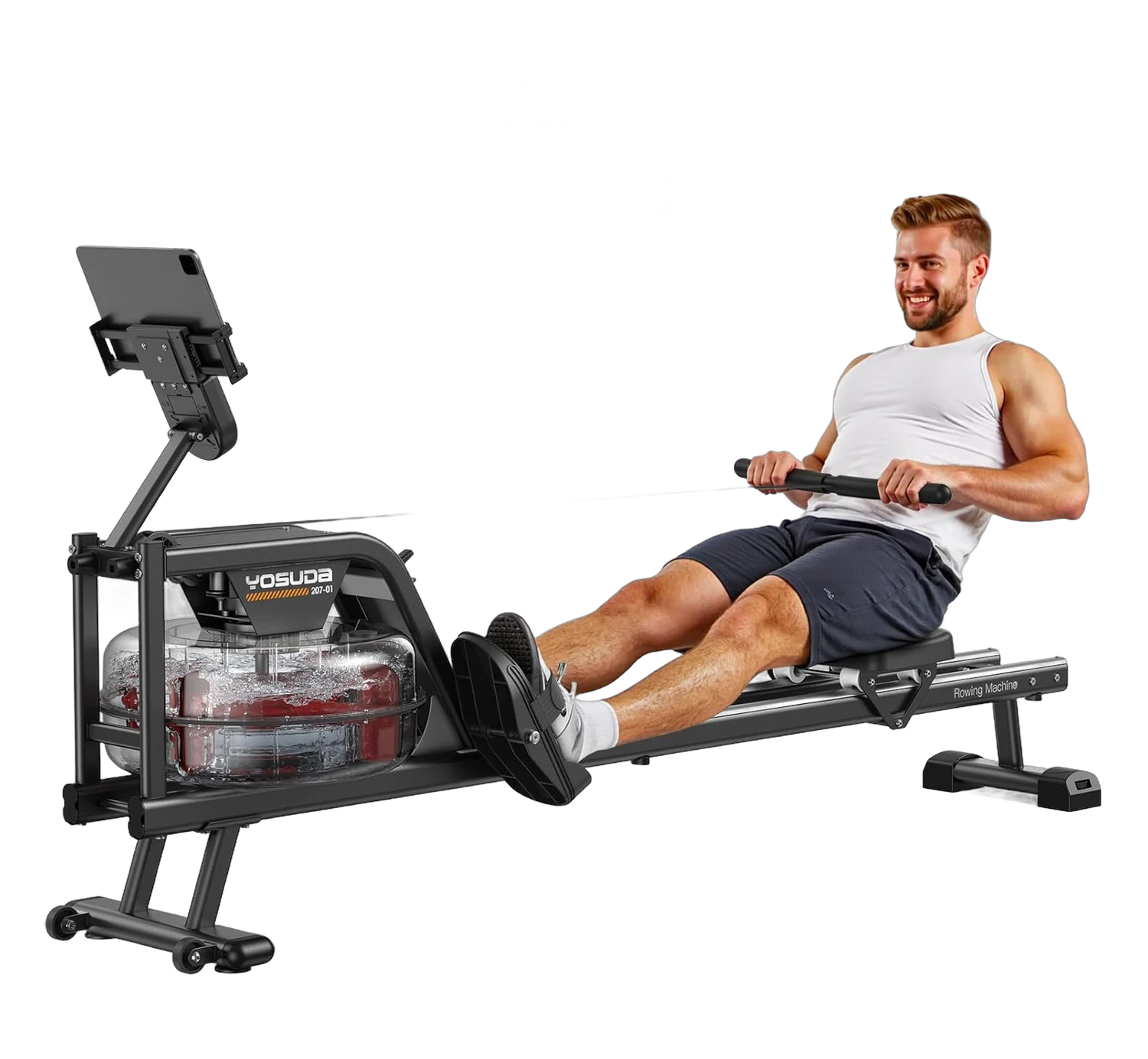 YOSUDA foldable water rowing machine with monitor, tablet holder, and person rowing
