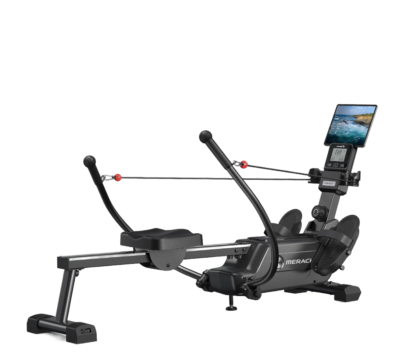 MERACH Sculls rowing machine with curved sculling arms and a tablet holder console