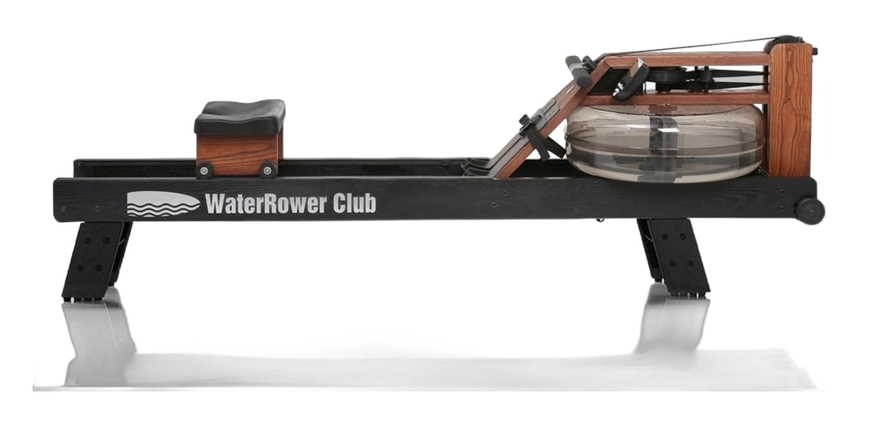 WaterRower Club wooden rowing machine featuring a water tank flywheel and monitor