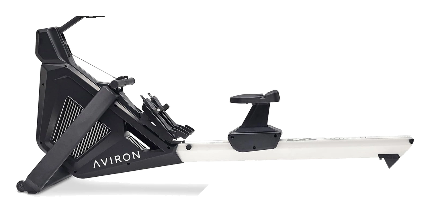 Aviron StrongGo rowing machine with black frame, white rail, and folding tablet mount