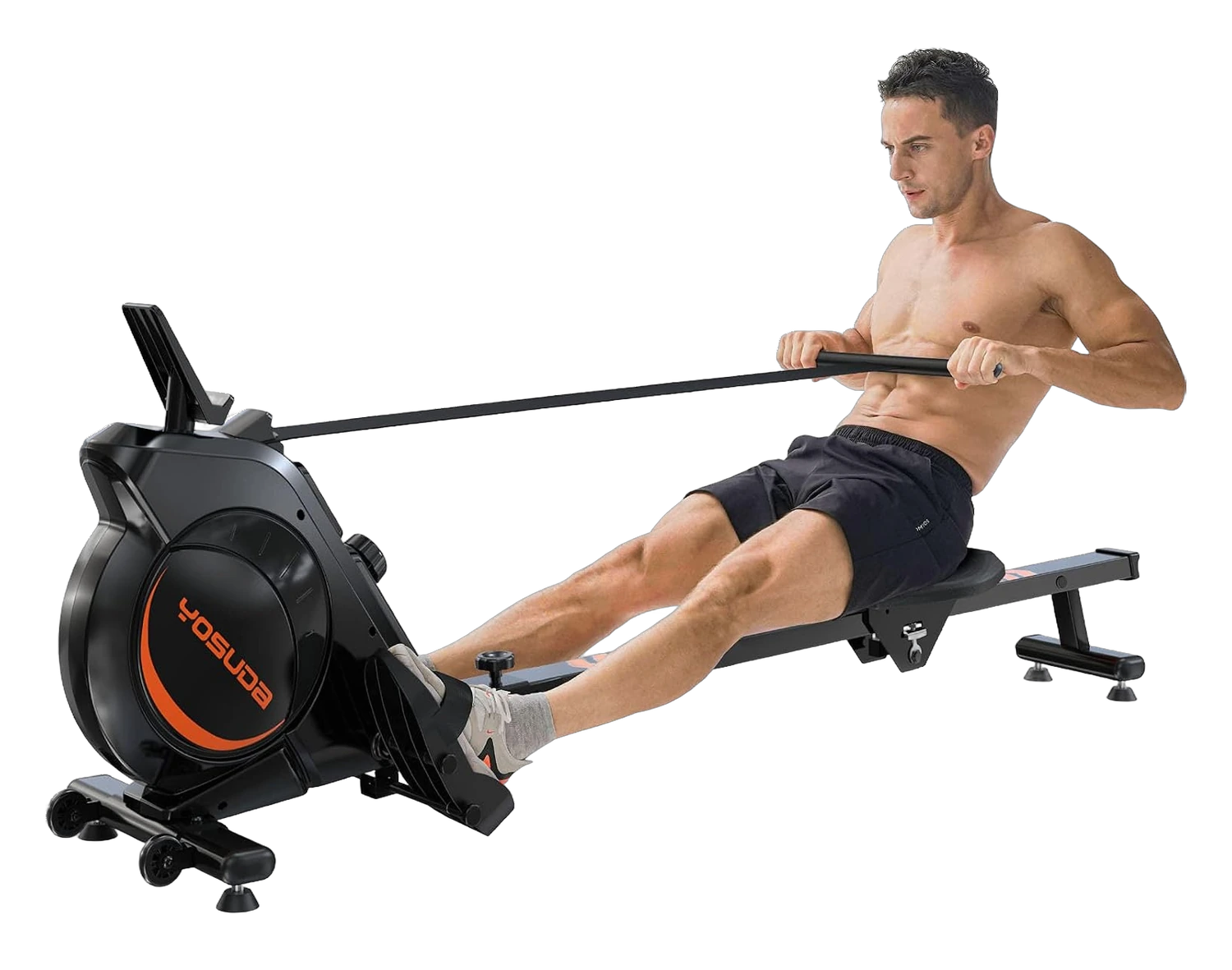 Man using a YOSUDA magnetic rowing machine with a black frame and orange accents