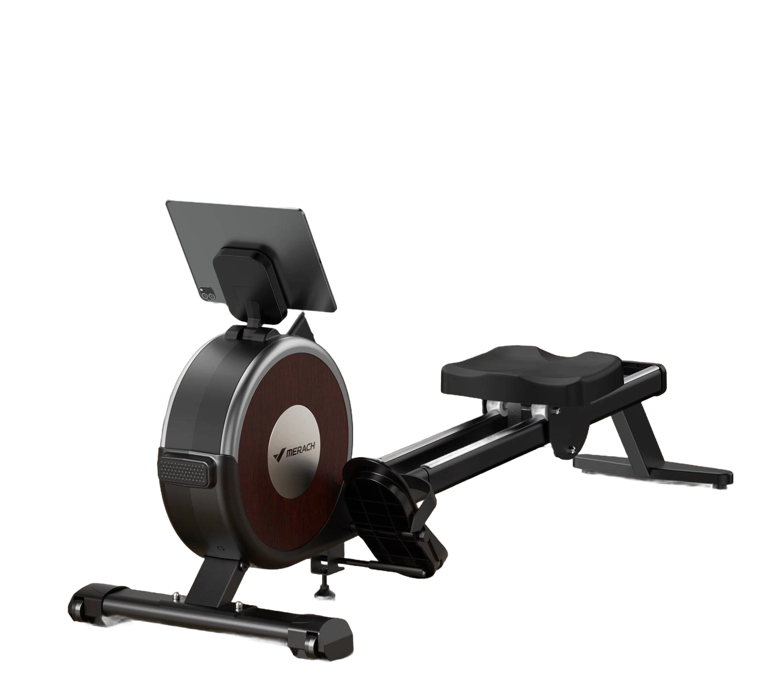 MERACH rowing machine with a wood look flywheel cover and folded tablet holder in a living room