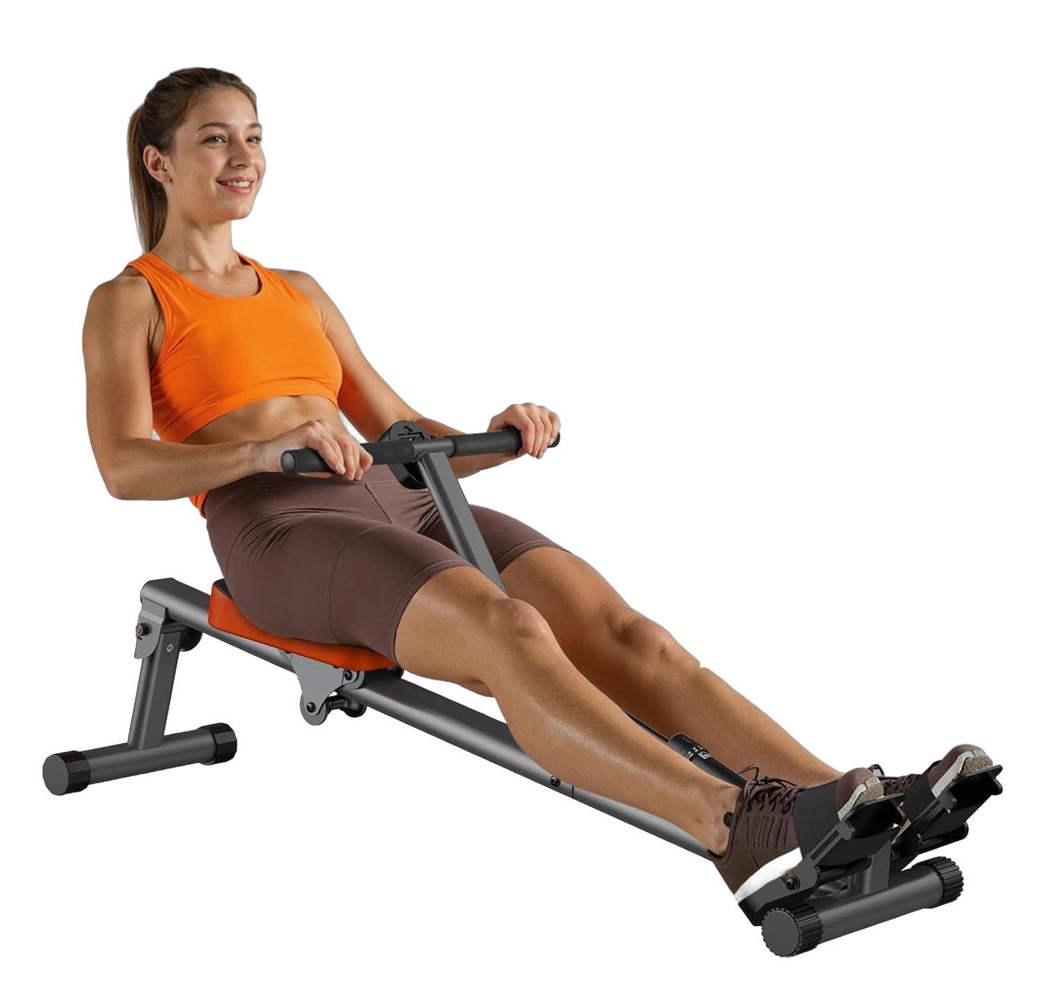 Woman using a Niceday hydraulic rowing machine with an orange padded seat on a white background