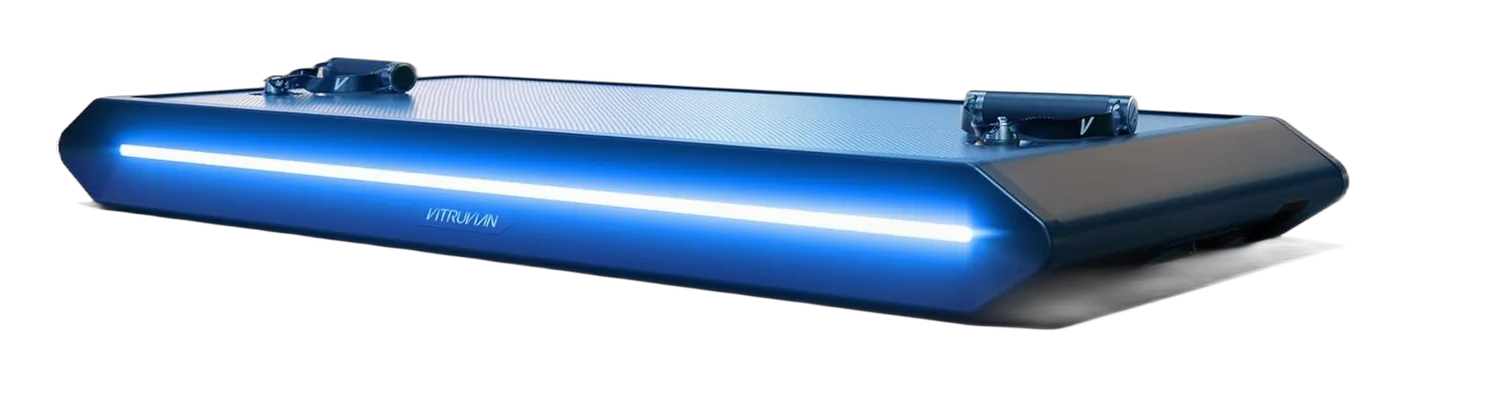 Vitruvian Trainer+ black training platform with a glowing blue LED edge strip