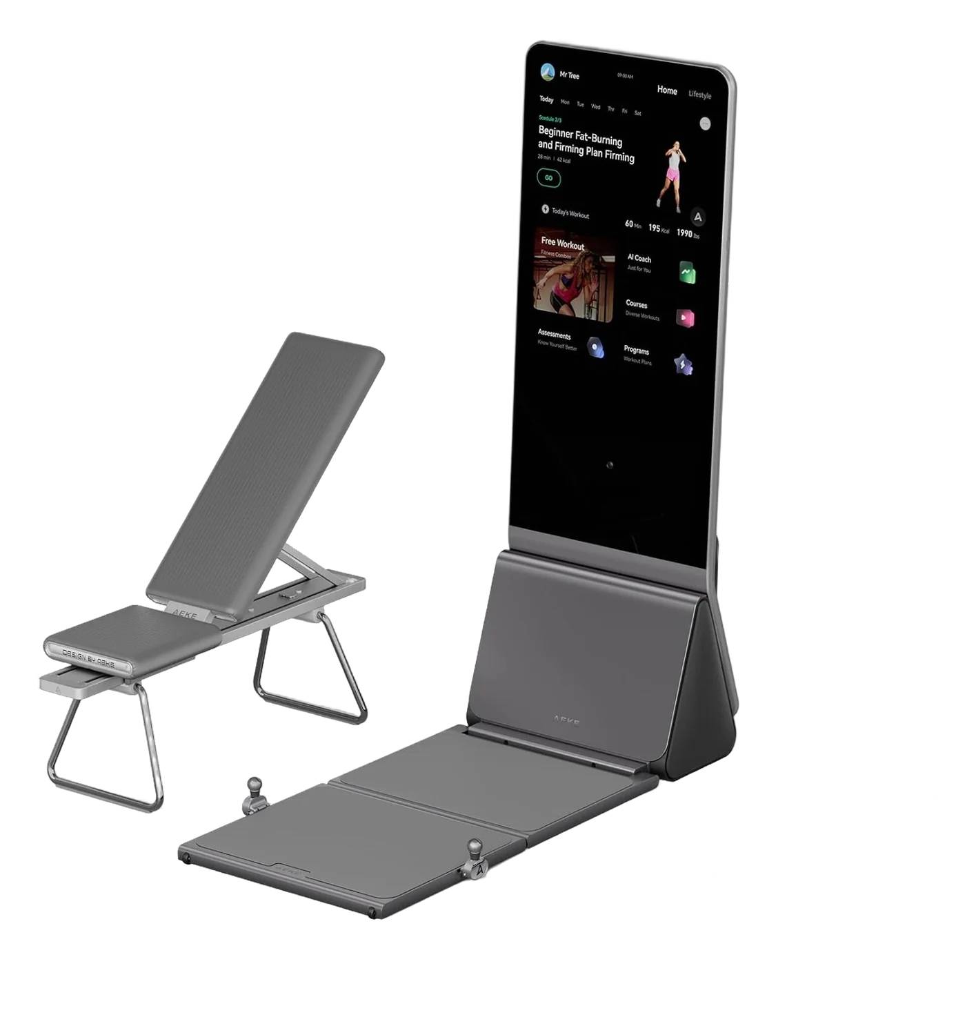 AEKE K1 smart home gym system with folding bench, resistance bar, and workout accessories
