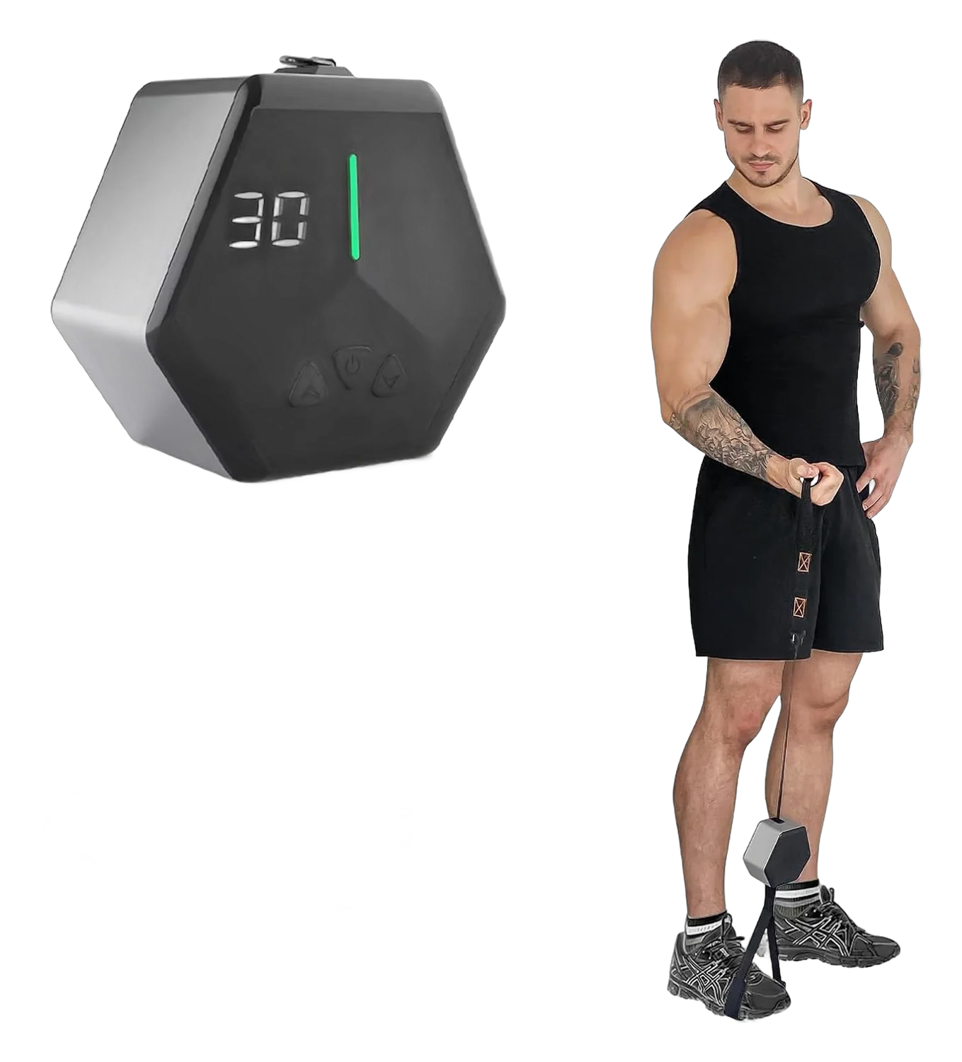 Black hexagonal resistance trainer with digital display, straps, cables, and travel pouch