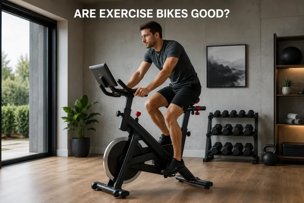 Man riding an exercise bike in a home gym.