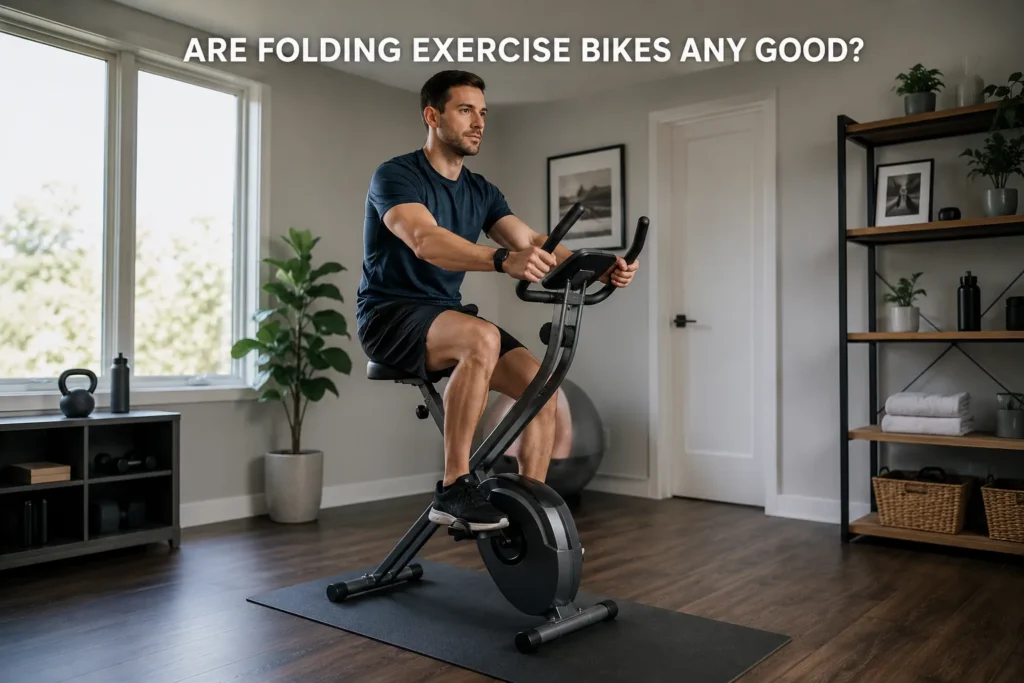 Man riding a folding exercise bike in a modern home gym.