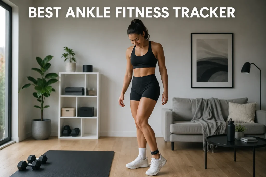 Woman wearing an ankle fitness tracker while standing in a modern home gym.