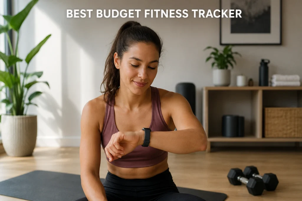 Woman checking a budget fitness tracker on her wrist in a bright home gym.