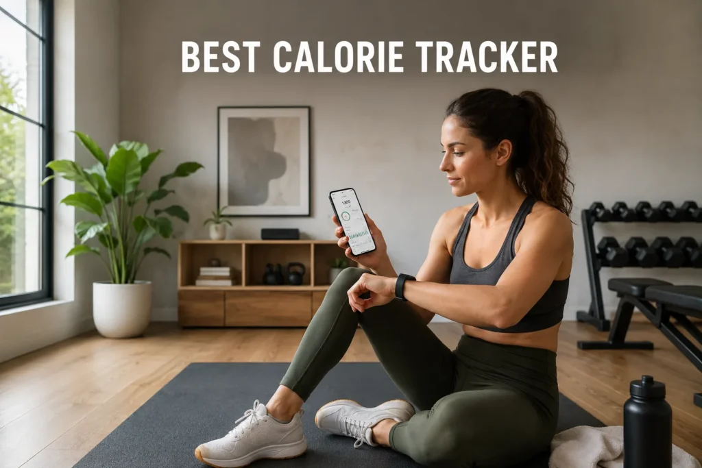 Woman checking a calorie tracking app and fitness tracker in a modern home gym.