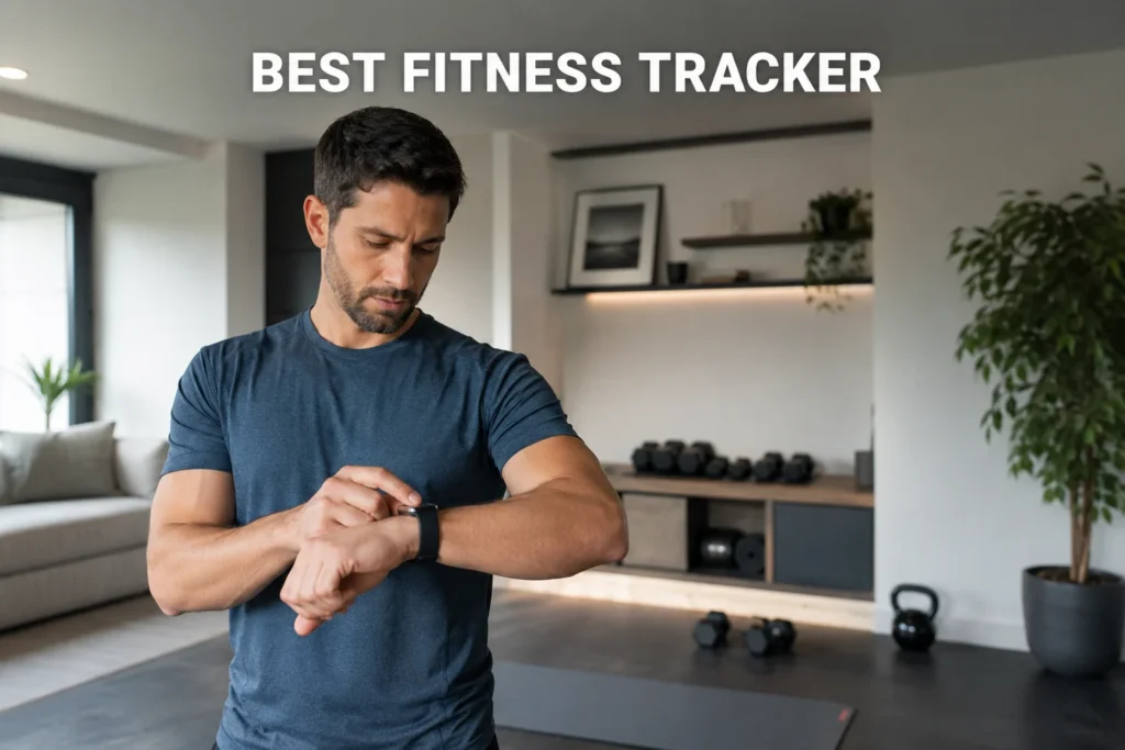 Man checking a fitness tracker on his wrist in a modern home gym.