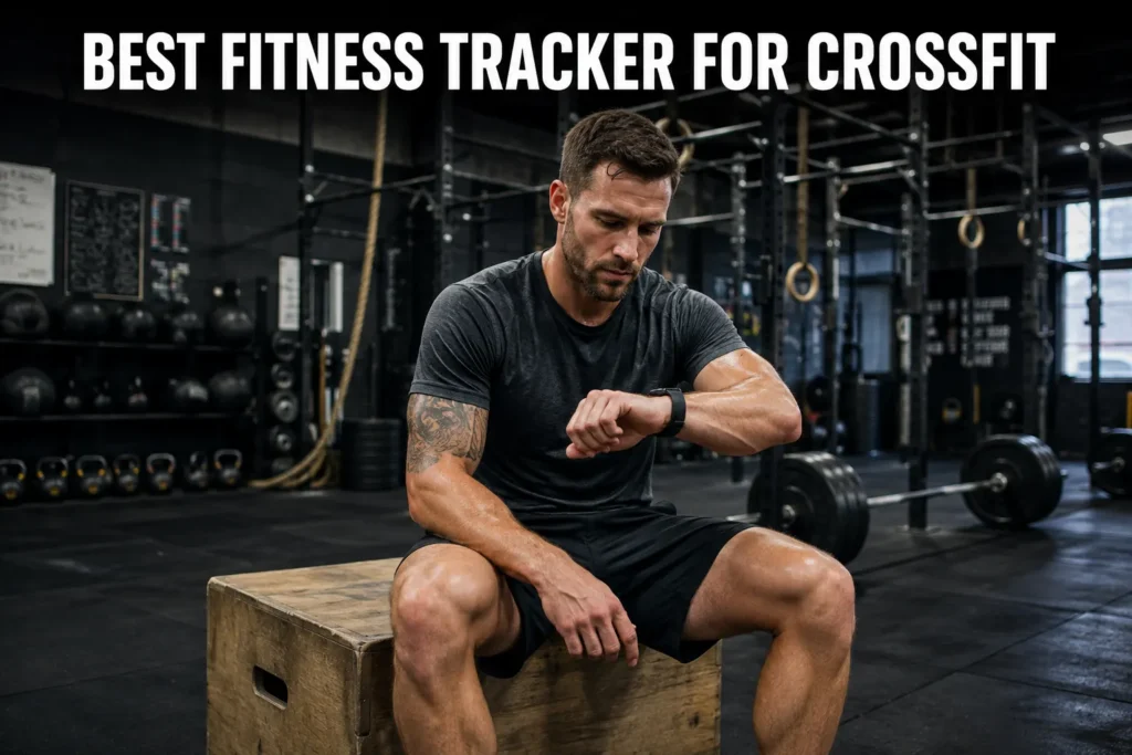 Man checking a fitness tracker in a CrossFit box with ropes, barbells, kettlebells, and open training space