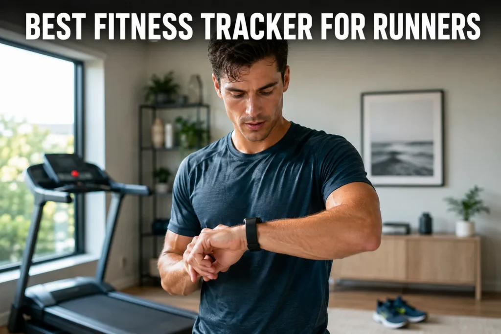 A man checking his fitness tracker after a run on a treadmill