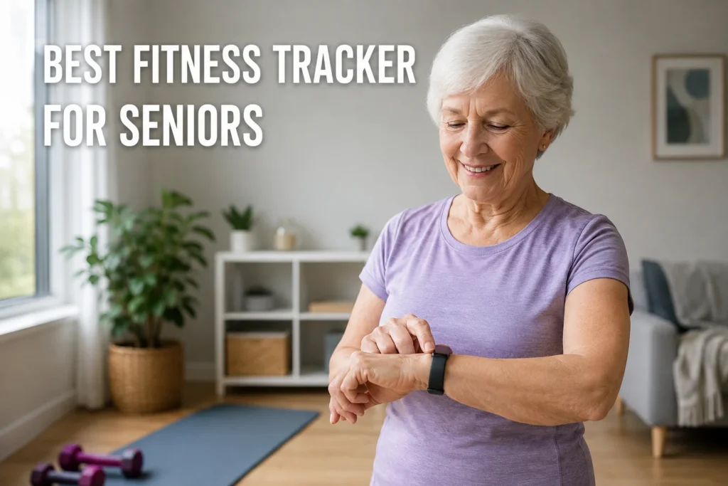 Senior woman checking a fitness tracker on her wrist in a bright home workout room.