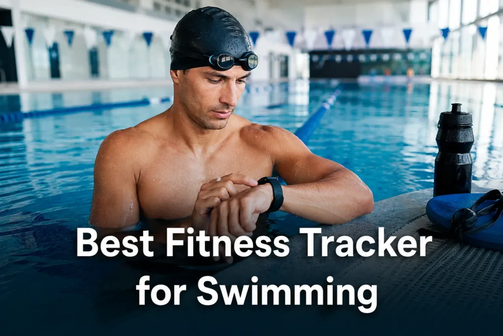 Man checking a fitness tracker while standing in an indoor swimming pool.