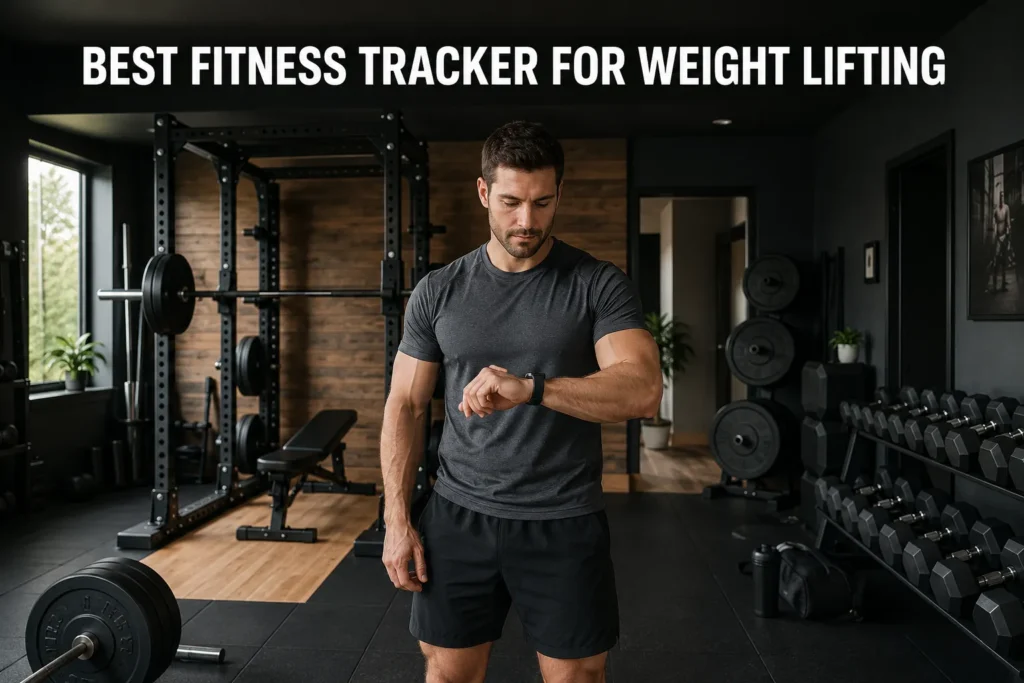 Man checking a fitness tracker in a weight lifting gym with barbells, dumbbells, and a squat rack.