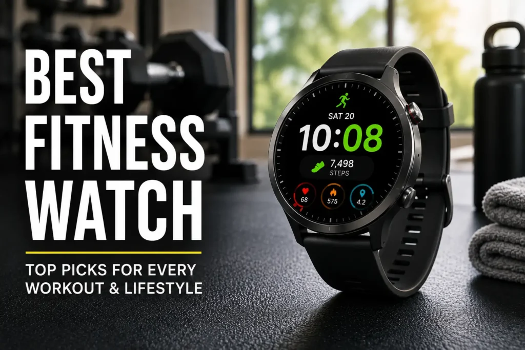Workout metrics displayed on a black smartwatch in a modern gym setting