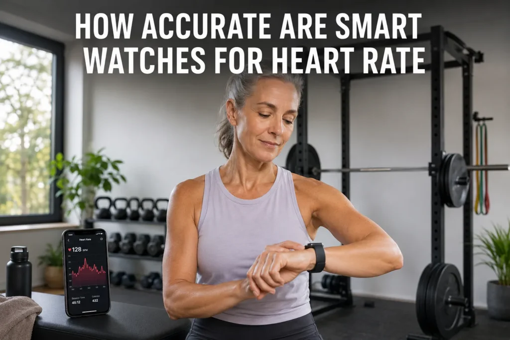 A woman checking smartwatch heart rate accuracy in a home gym.