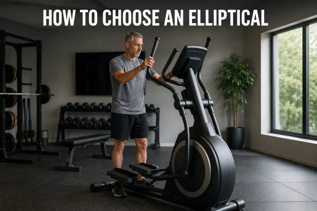 Man inspecting an elliptical machine in a home gym.