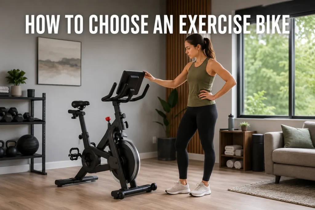 Woman inspecting an exercise bike in a modern home gym.