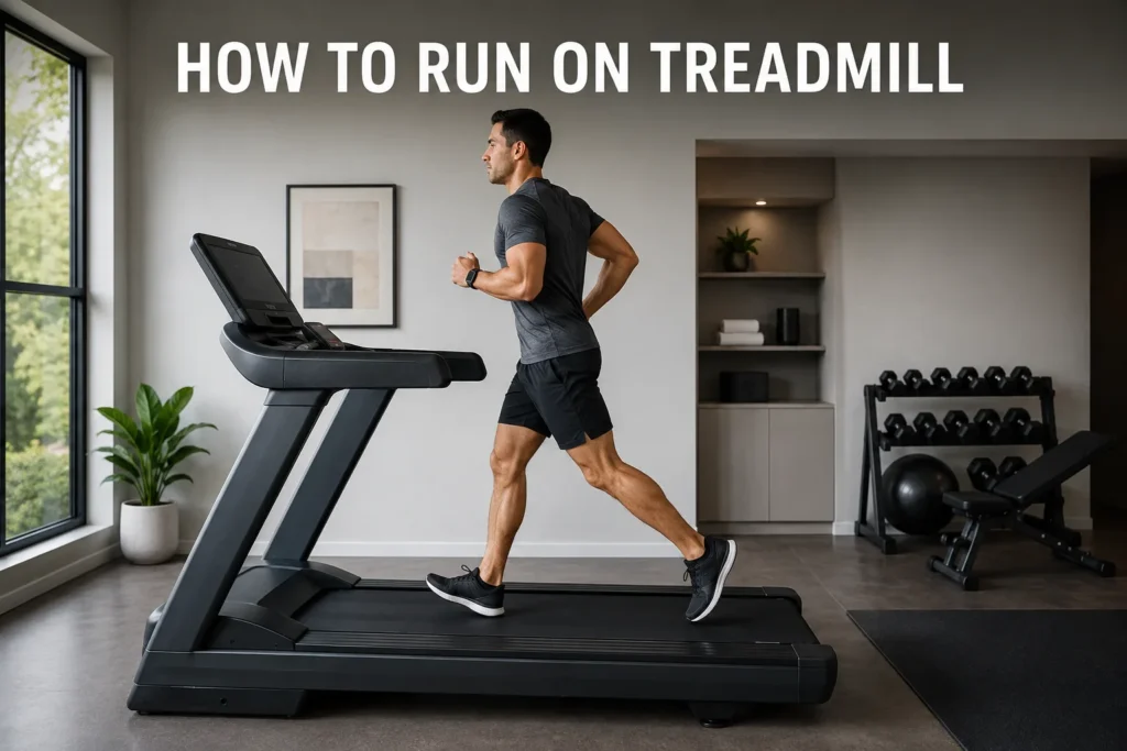 Man running on a treadmill in a modern home gym.
